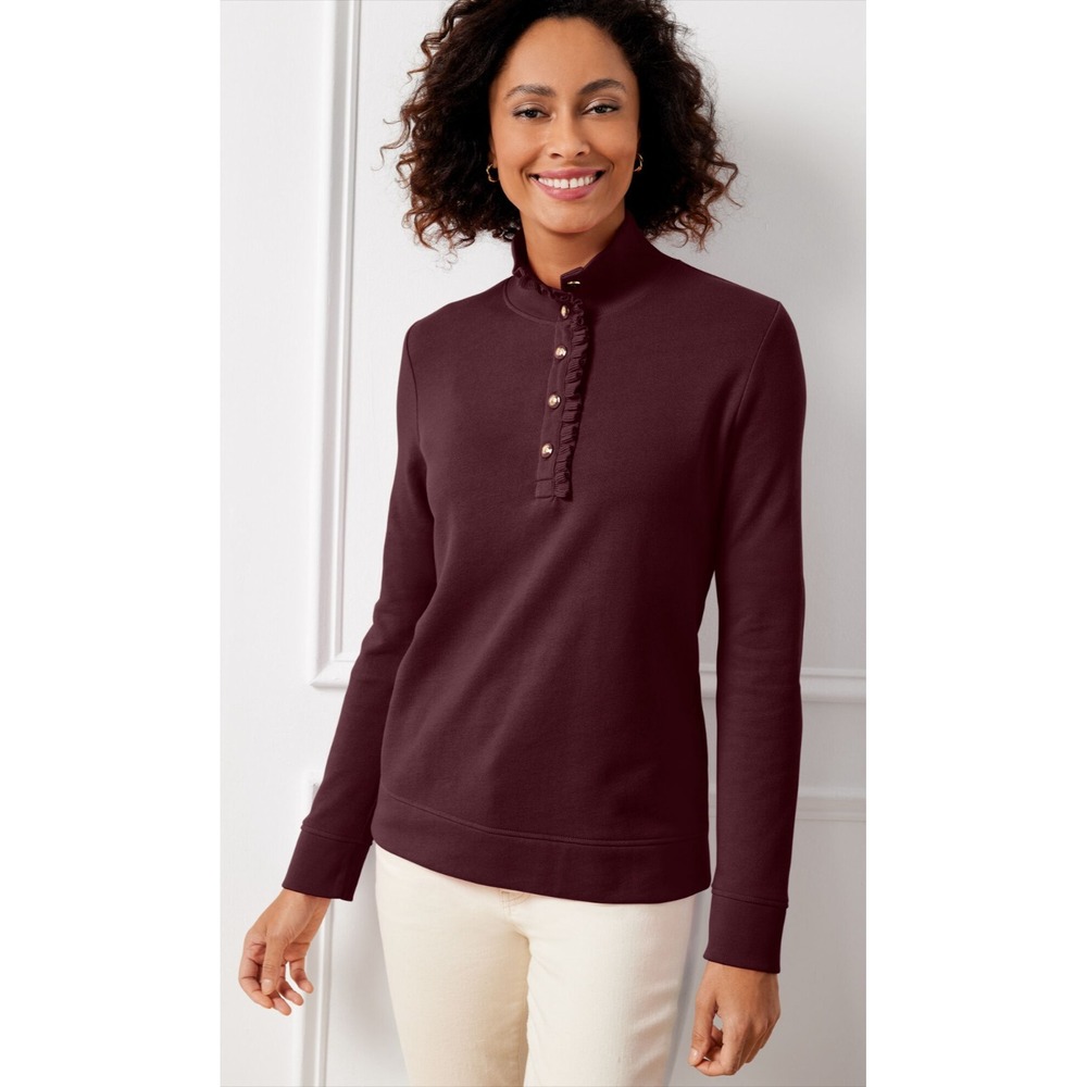 Talbots Ruffle Placket Mockneck Pullover Sweater Rich Burgundy Womens Size Small